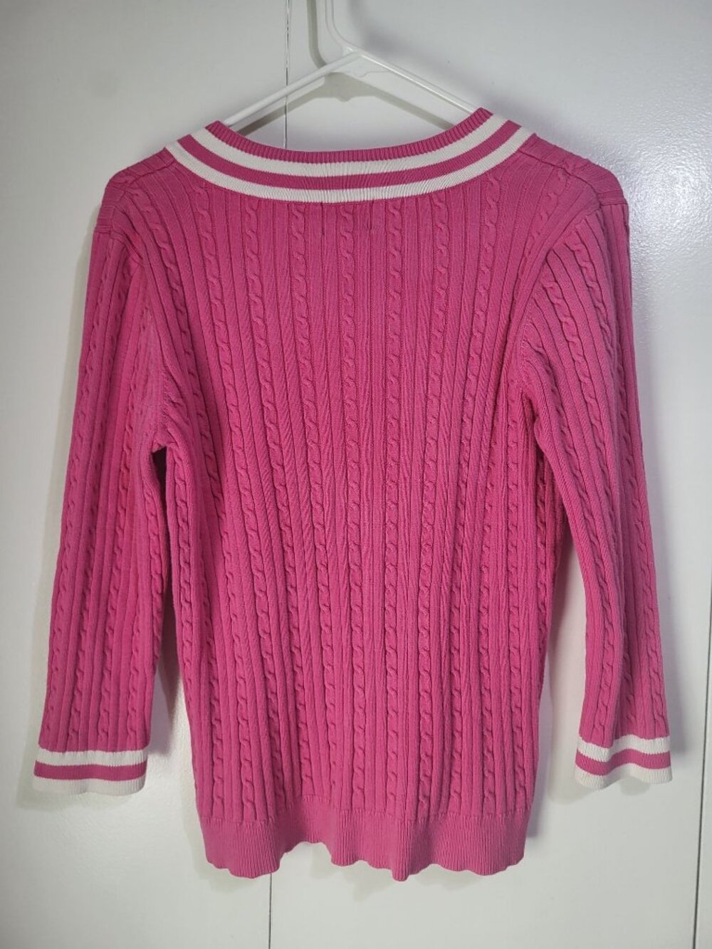 Vintage Chaps Womens LG V-Neck Sweater Pink White Cable Knit Tennis y2k Preppy - Picture 3 of 8